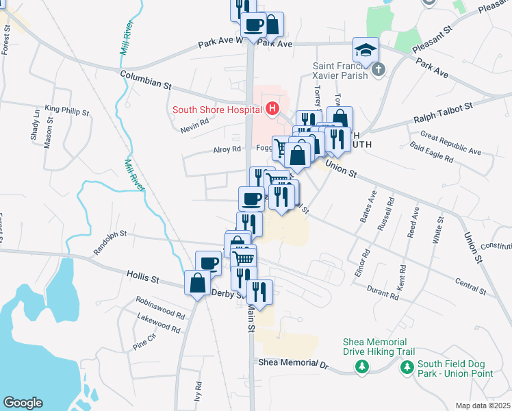 map of restaurants, bars, coffee shops, grocery stores, and more near 18 Pleasant Street in Weymouth