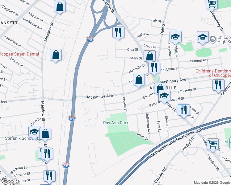 map of restaurants, bars, coffee shops, grocery stores, and more near 528 McKinstry Avenue in Chicopee
