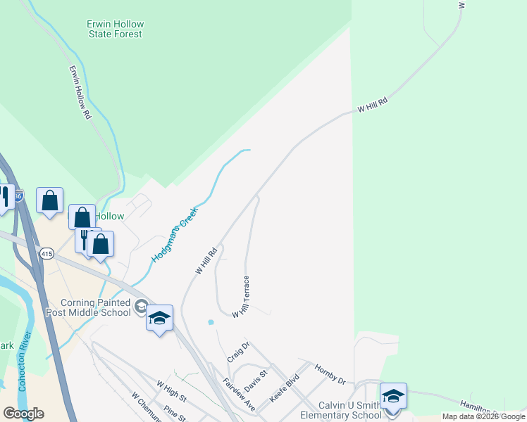 map of restaurants, bars, coffee shops, grocery stores, and more near 144 West Hill Terrace in Painted Post