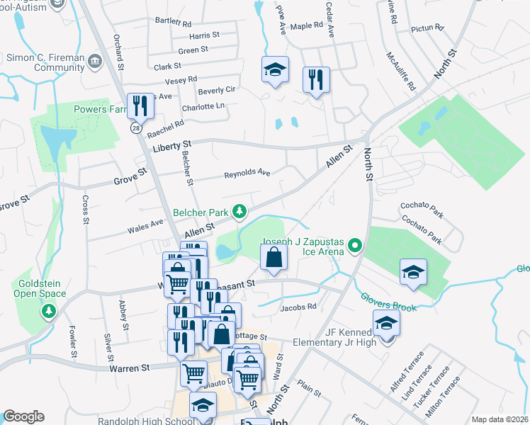 map of restaurants, bars, coffee shops, grocery stores, and more near 120 Allen Street in Randolph