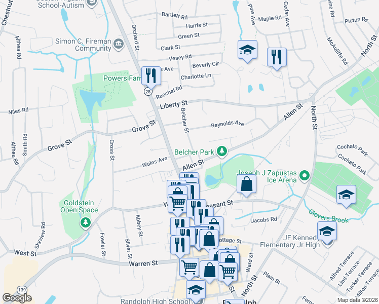 map of restaurants, bars, coffee shops, grocery stores, and more near 79 Belcher Street in Randolph