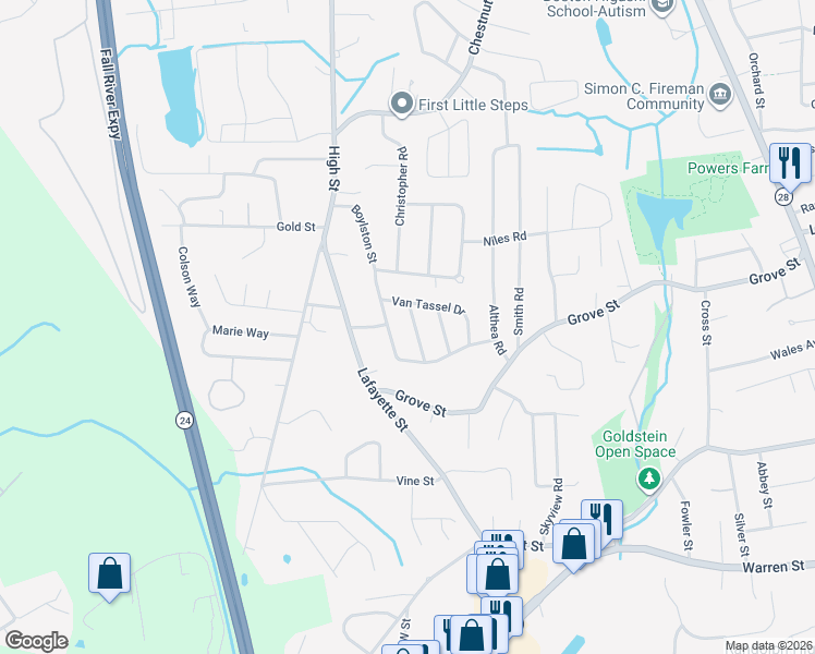 map of restaurants, bars, coffee shops, grocery stores, and more near 12 Van Tassel Drive in Randolph