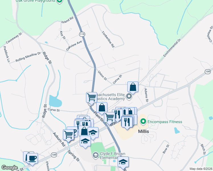 map of restaurants, bars, coffee shops, grocery stores, and more near 244 Union Street in Millis