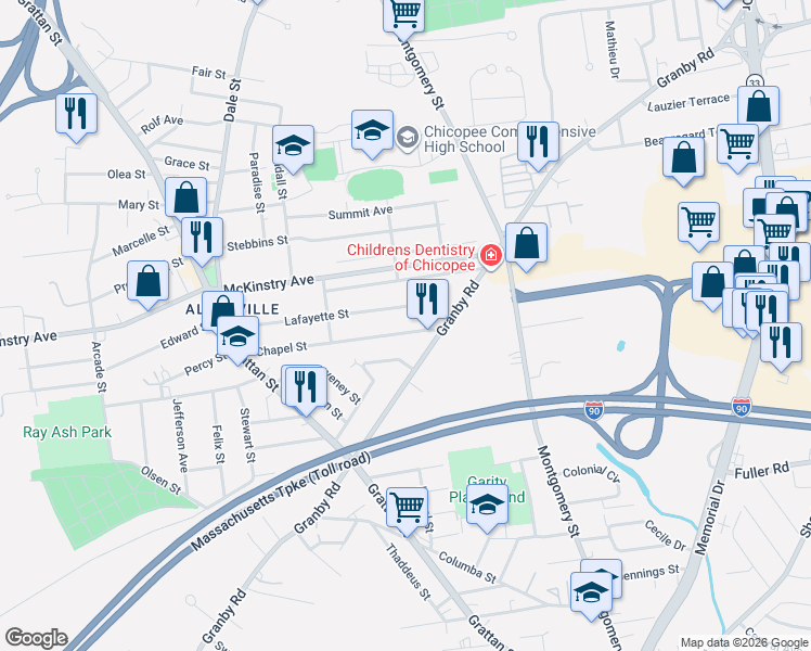 map of restaurants, bars, coffee shops, grocery stores, and more near 191 Lafayette Street in Chicopee