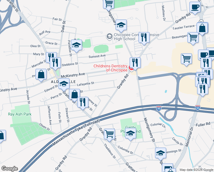 map of restaurants, bars, coffee shops, grocery stores, and more near 191 Lafayette Street in Chicopee