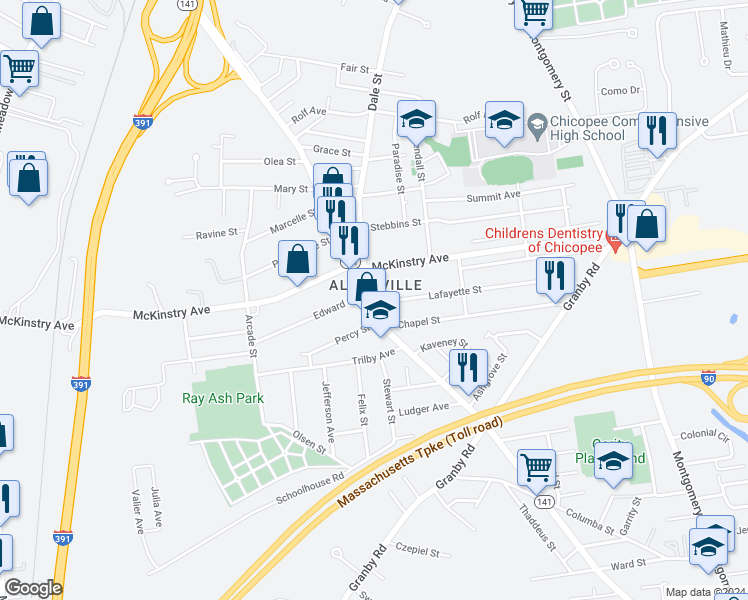 map of restaurants, bars, coffee shops, grocery stores, and more near in Chicopee