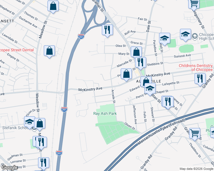 map of restaurants, bars, coffee shops, grocery stores, and more near 528 McKinstry Avenue in Chicopee