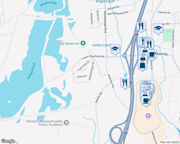 map of restaurants, bars, coffee shops, grocery stores, and more near 16 Richard Eger Drive in Holyoke