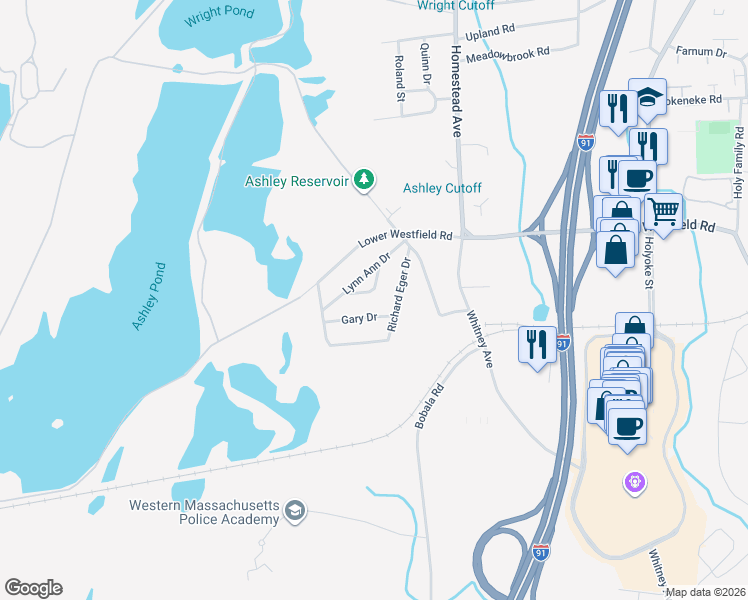 map of restaurants, bars, coffee shops, grocery stores, and more near 24 Lynn Ann Drive in Holyoke