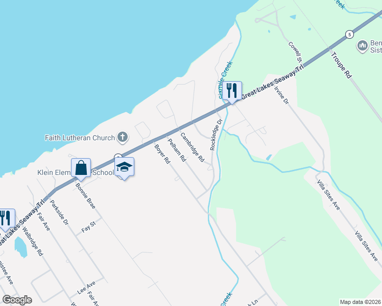 map of restaurants, bars, coffee shops, grocery stores, and more near 340 Cambridge Road in Erie