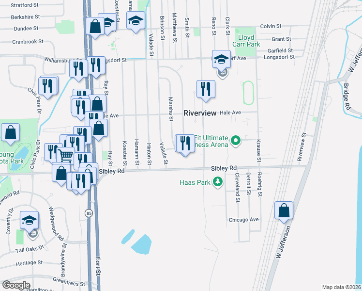 map of restaurants, bars, coffee shops, grocery stores, and more near 18618 Matthews Street in Riverview