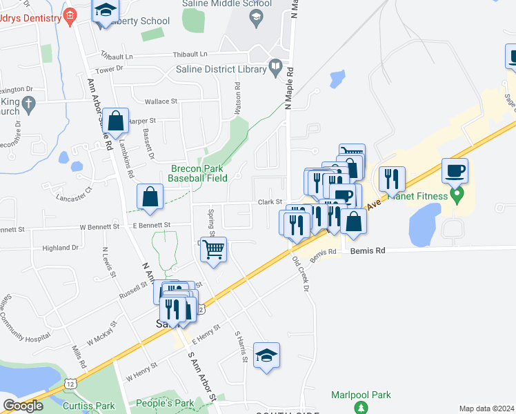 map of restaurants, bars, coffee shops, grocery stores, and more near 300 Hartman Lane in Saline