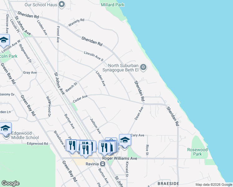 map of restaurants, bars, coffee shops, grocery stores, and more near 1103 Linden Avenue in Highland Park