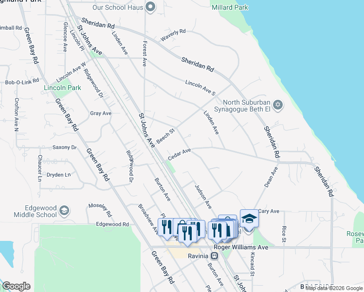 map of restaurants, bars, coffee shops, grocery stores, and more near 1116 Wade Street in Highland Park