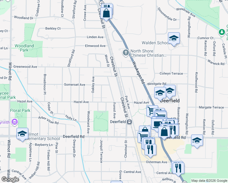map of restaurants, bars, coffee shops, grocery stores, and more near 1058 Chestnut Street in Deerfield