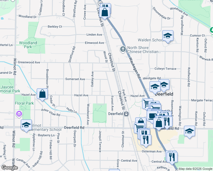 map of restaurants, bars, coffee shops, grocery stores, and more near 1058 Forest Avenue in Deerfield