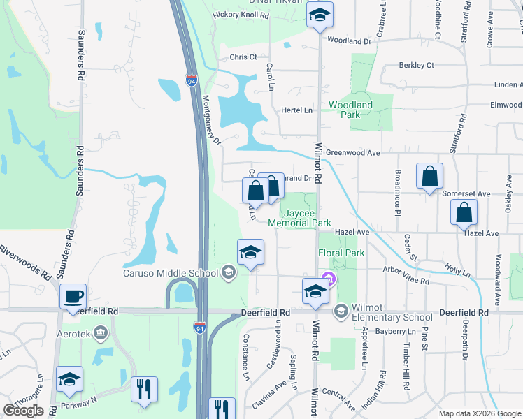 map of restaurants, bars, coffee shops, grocery stores, and more near 1654 Peartree Road in Deerfield