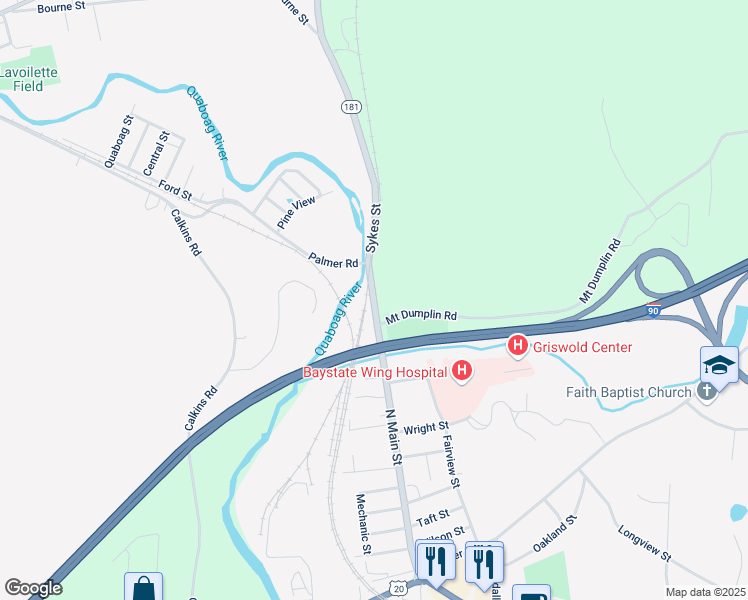 map of restaurants, bars, coffee shops, grocery stores, and more near 4 North Main Street in Palmer