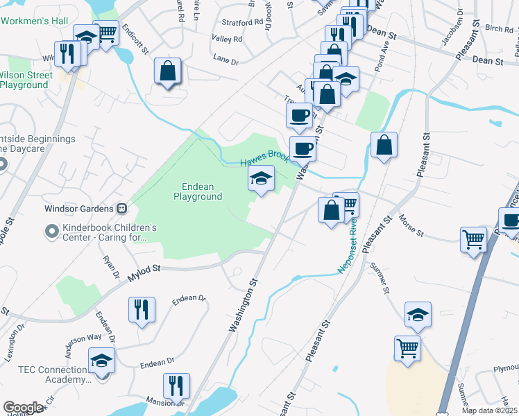 map of restaurants, bars, coffee shops, grocery stores, and more near 1315 Washington Street in Norwood