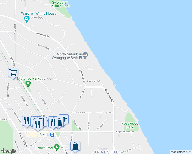 map of restaurants, bars, coffee shops, grocery stores, and more near 73 Oakmont Road in Highland Park