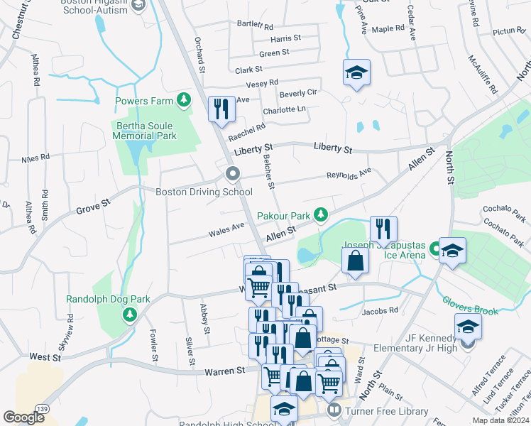 map of restaurants, bars, coffee shops, grocery stores, and more near 79 Belcher Street in Randolph