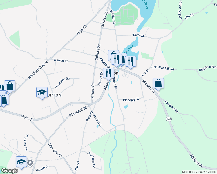 map of restaurants, bars, coffee shops, grocery stores, and more near 12 Massachusetts 140 in Upton