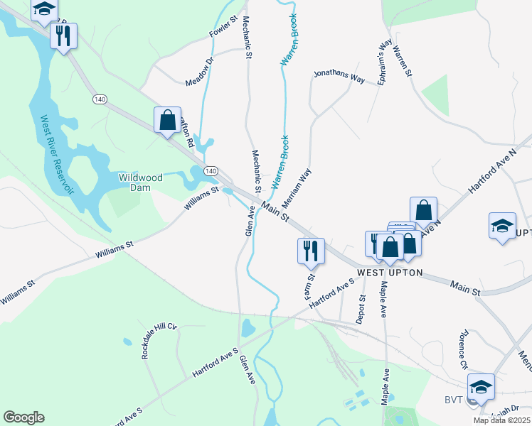 map of restaurants, bars, coffee shops, grocery stores, and more near 162A West Main Street in Upton