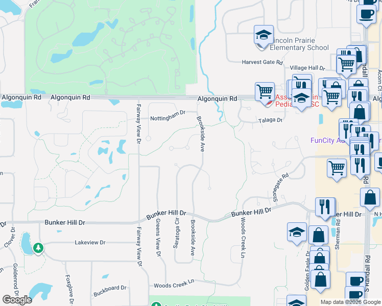 map of restaurants, bars, coffee shops, grocery stores, and more near 3 Springbrook Lane in Algonquin