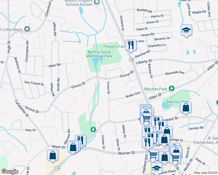 map of restaurants, bars, coffee shops, grocery stores, and more near 4 Grove Square in Randolph