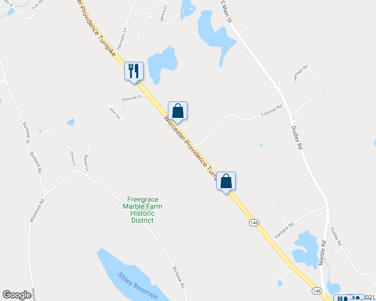 map of restaurants, bars, coffee shops, grocery stores, and more near 42 Massachusetts 146 in Sutton