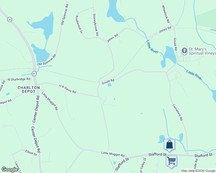 map of restaurants, bars, coffee shops, grocery stores, and more near 6 Gould Road in Charlton
