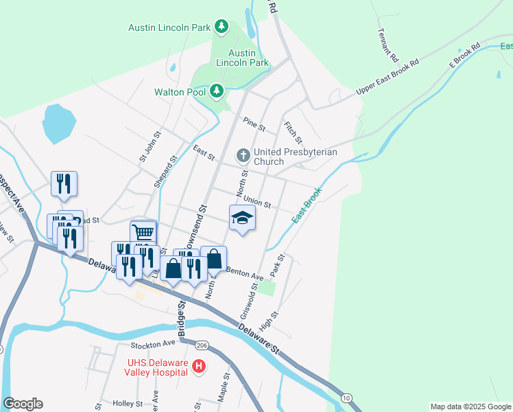 map of restaurants, bars, coffee shops, grocery stores, and more near 32 Union Street in Walton