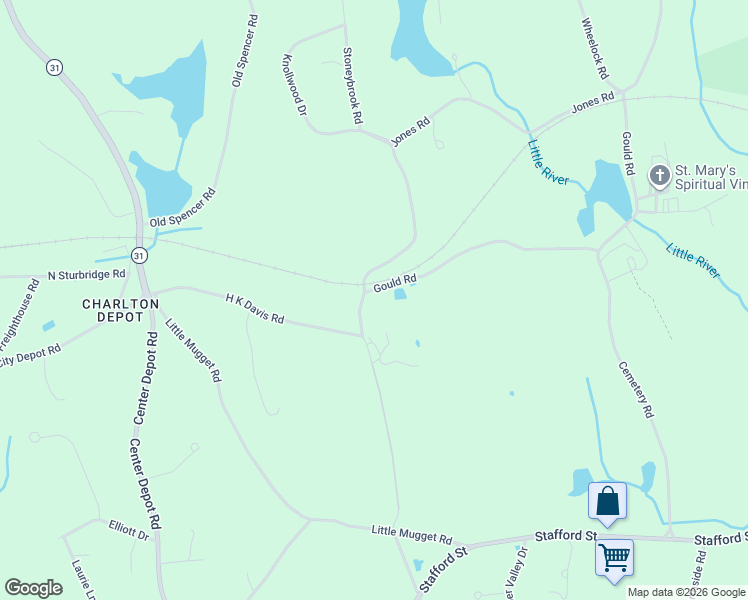 map of restaurants, bars, coffee shops, grocery stores, and more near 6 Gould Road in Charlton