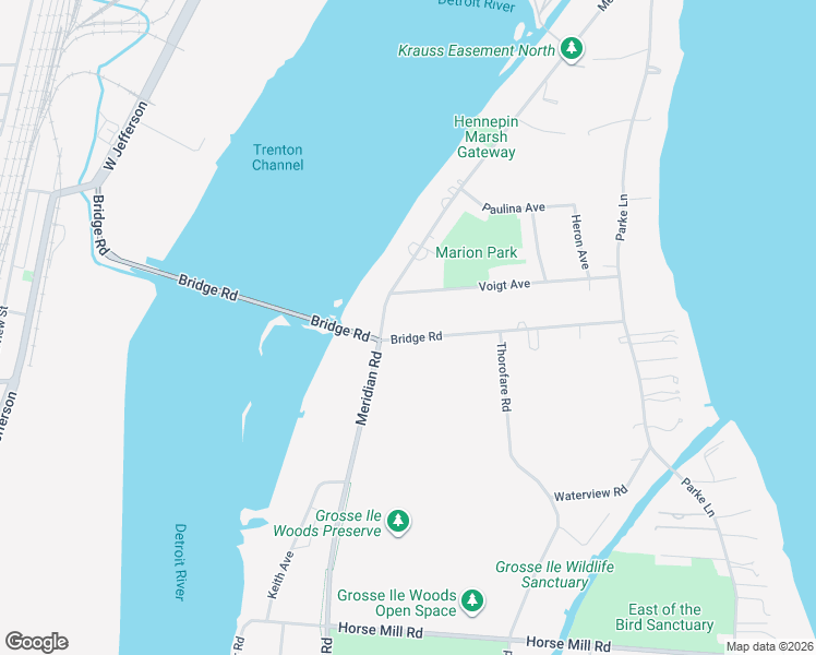 map of restaurants, bars, coffee shops, grocery stores, and more near 8998 Bridge Road in Grosse Ile Township