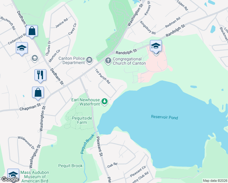 map of restaurants, bars, coffee shops, grocery stores, and more near 37 1st Parish Road in Canton