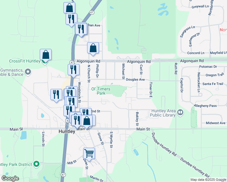 map of restaurants, bars, coffee shops, grocery stores, and more near 10700 North Church Street in Huntley