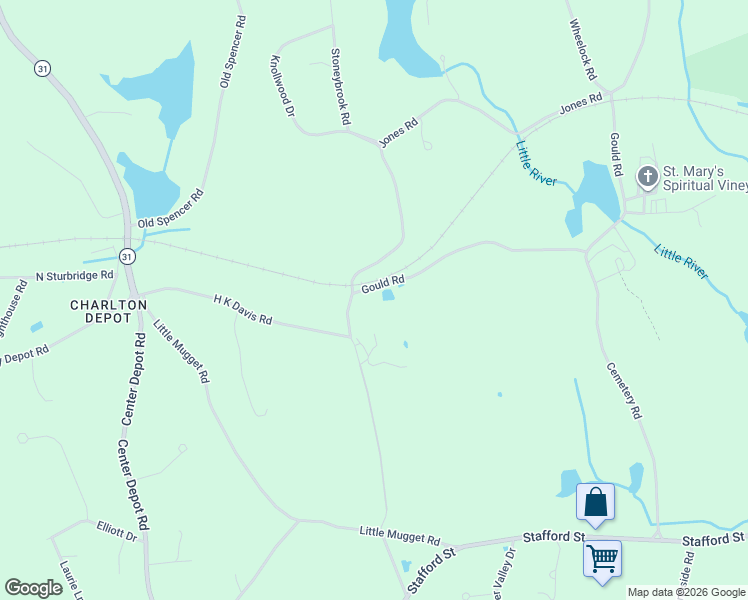 map of restaurants, bars, coffee shops, grocery stores, and more near 6 Gould Road in Charlton