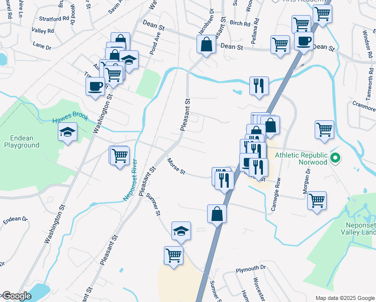 map of restaurants, bars, coffee shops, grocery stores, and more near 21 Sunset Avenue in Norwood