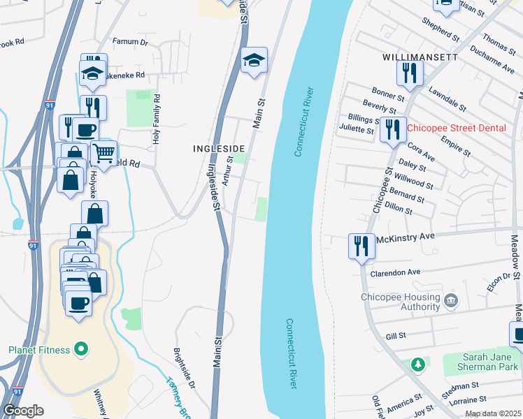 map of restaurants, bars, coffee shops, grocery stores, and more near 8 Oscar Street in Holyoke