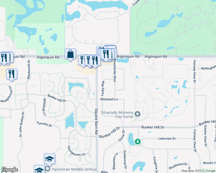 map of restaurants, bars, coffee shops, grocery stores, and more near 2 Queensbury Court in Algonquin