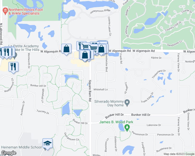 map of restaurants, bars, coffee shops, grocery stores, and more near 2 Queensbury Court in Algonquin