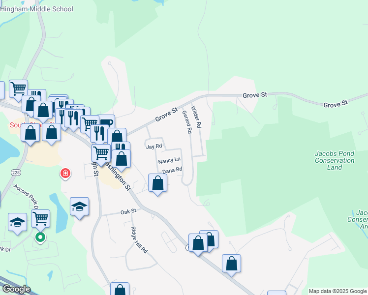 map of restaurants, bars, coffee shops, grocery stores, and more near 51 Gerard Road in Norwell