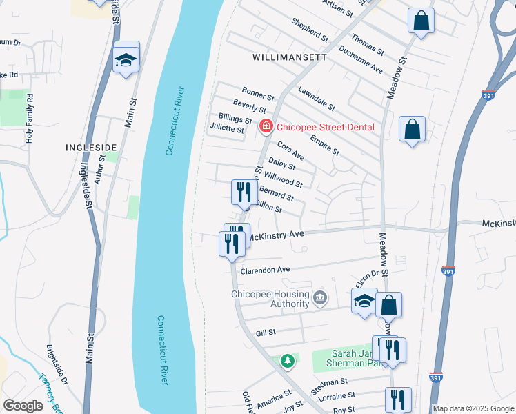 map of restaurants, bars, coffee shops, grocery stores, and more near 21 Dillon Street in Chicopee