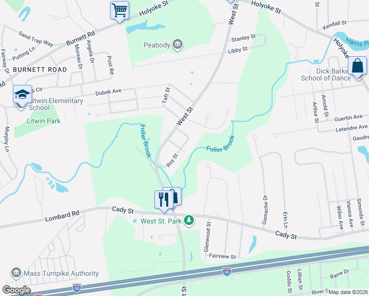 map of restaurants, bars, coffee shops, grocery stores, and more near 88 Roy Street in Ludlow