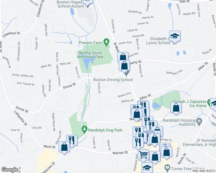 map of restaurants, bars, coffee shops, grocery stores, and more near 4 Grove Square in Randolph