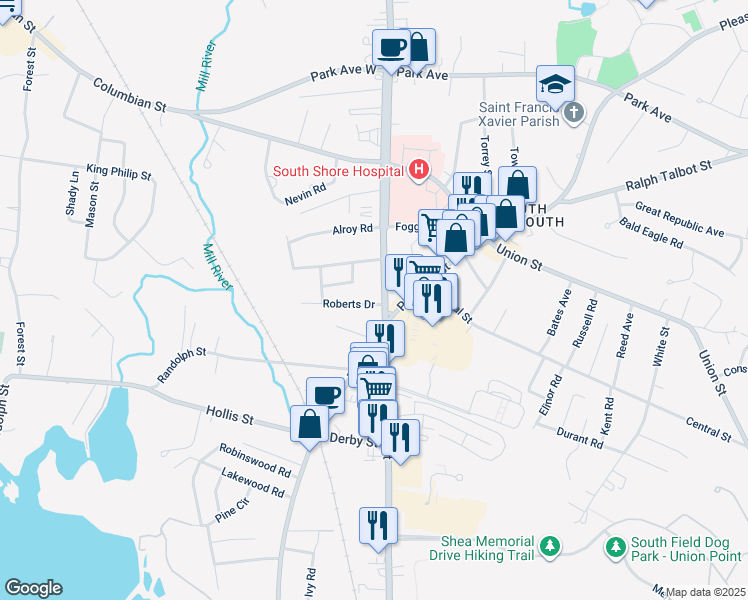 map of restaurants, bars, coffee shops, grocery stores, and more near 7 Roberts Drive in Weymouth