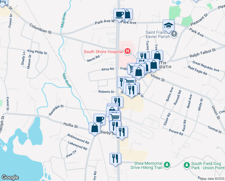 map of restaurants, bars, coffee shops, grocery stores, and more near 7 Roberts Drive in Weymouth