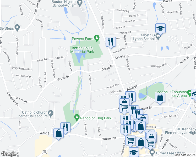 map of restaurants, bars, coffee shops, grocery stores, and more near 4 Grove Square in Randolph