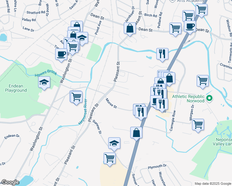 map of restaurants, bars, coffee shops, grocery stores, and more near 21 Sunset Avenue in Norwood