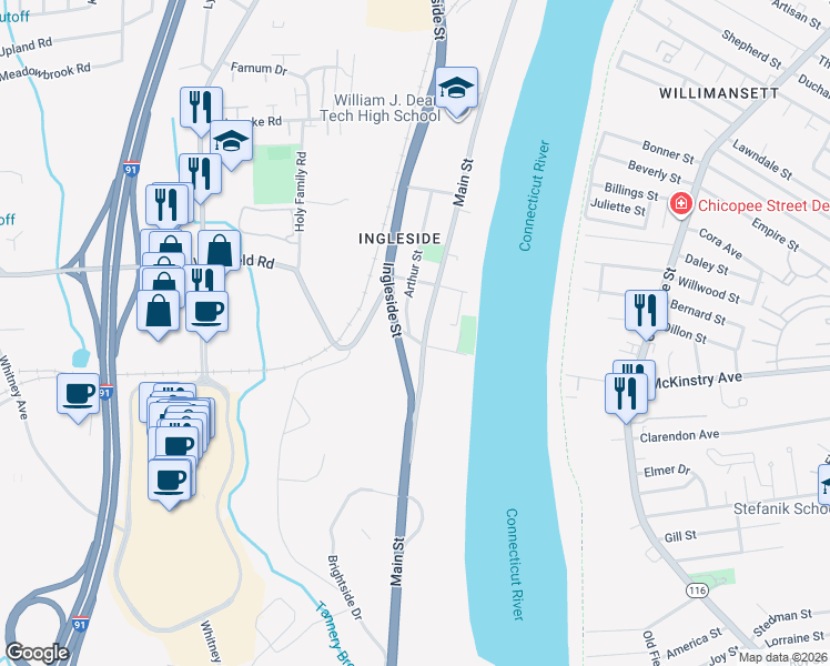 map of restaurants, bars, coffee shops, grocery stores, and more near 1106 Main Street in Holyoke